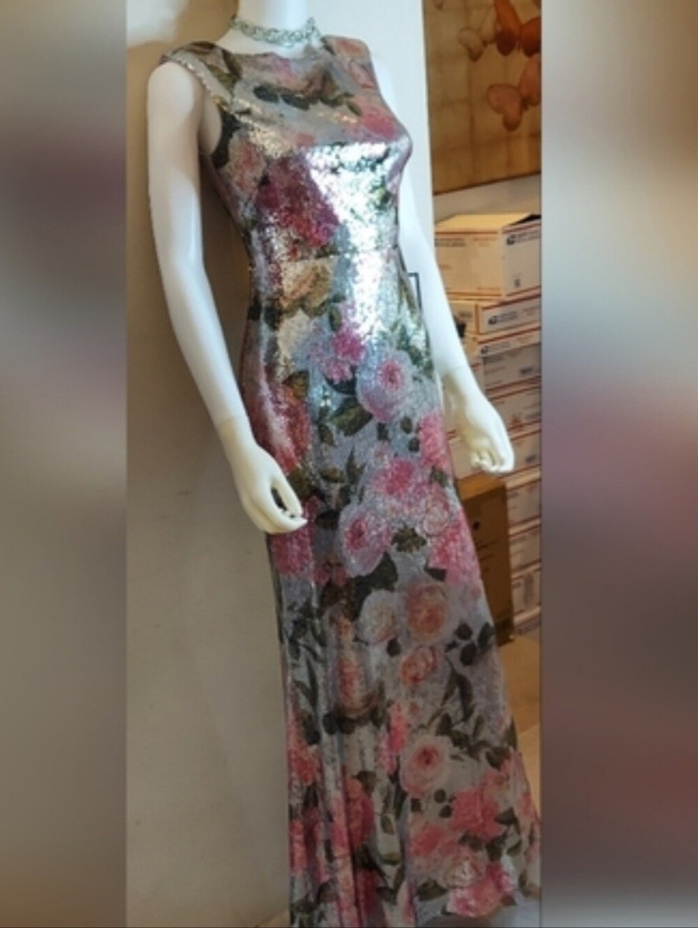 Eliza J Size 2 Stunning Silver Floral Sequined Floor Length Gown